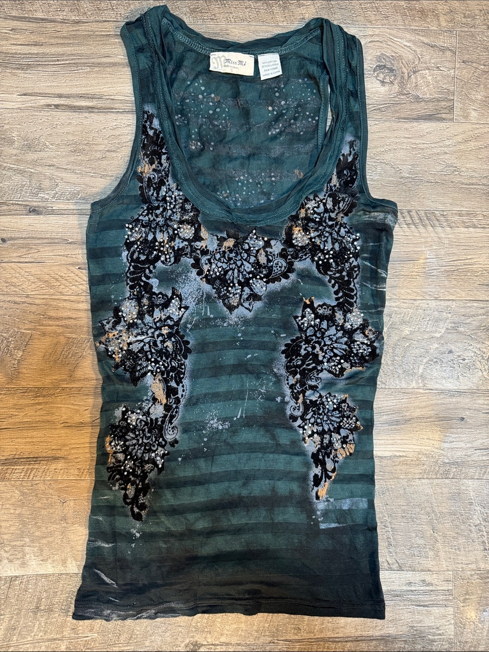 Miss Me Teal Striped Tank with Black Velvet Floral Rhinestone Appliqué - Size S
